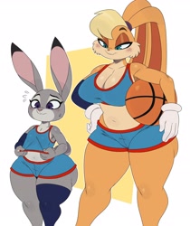 Size: 2490x2966 | Tagged: suggestive, artist:ss2sonic, judy hopps (zootopia), lola bunny (looney tunes), lagomorph, leporid, mammal, rabbit, anthro, disney, looney tunes, space jam, space jam: a new legacy, warner brothers, zootopia, 2021, ball, basketball, basketball uniform, big breasts, blonde hair, blushing, breast size difference, breasts, clothes, cream body, cream fur, crop top, crossover, duo, female, females only, fur, gloves, gray body, gray fur, hair, handwear, high res, midriff, purple eyes, shortstack, size difference, sweat, sweatdrop, tan body, tan fur, teal eyes, thick thighs, thighs, topwear, uniform, wide hips