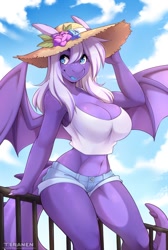 Size: 940x1400 | Tagged: safe, artist:teranen, dragon, fictional species, anthro, 2021, belly button, blue eyes, blue tongue, bottomwear, breasts, claws, cleavage, clothes, colored tongue, commission, crop top, dragoness, eyebrows, eyelashes, female, hat, horns, huge breasts, jean shorts, jeans, midriff, open mouth, open smile, pants, purple body, short shorts, shorts, smiling, solo, solo female, sun hat, tail, tank top, thighs, tongue, topwear, two toned body, webbed wings, wings, ych result