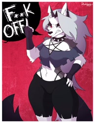 Size: 2200x2850 | Tagged: safe, artist:artbydragon_re, artist:sophiathedragon, loona (vivzmind), canine, fictional species, hellhound, mammal, anthro, hazbin hotel, helluva boss, 2021, angry, black nose, border, bottomwear, breasts, cleavage, clothes, colored sclera, crop top, cropped shirt, dialogue, ear fluff, ear piercing, earring, ears, eyebrow piercing, eyebrows, eyelashes, eyeshadow, female, fingerless gloves, fluff, fur, gloves, gray body, gray fur, gray hair, hair, hand on hip, high res, highleg panties, long hair, makeup, middle finger, midriff, multicolored fur, panties, piercing, red sclera, shoulder fluff, solo, solo female, speech bubble, tail, talking, thighs, thong, topwear, torn clothes, torn ear, vulgar, white body, white border, white eyes, white fur