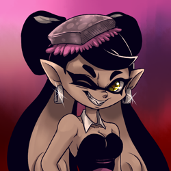 Size: 1200x1200 | Tagged: safe, artist:plague of gripes, callie (splatoon), animal humanoid, fictional species, inkling, mammal, mollusk, squid, humanoid, cc by-nc, creative commons, nintendo, splatoon, abstract background, clothes, female, hat, one eye closed, solo, solo female, tentacle hair, tentacles, winking