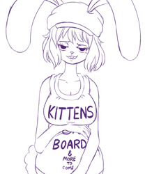 Size: 816x980 | Tagged: safe, artist:plague of gripes, carrot (one piece), fictional species, lagomorph, mammal, mink tribe, rabbit, anthro, cc by-nc, creative commons, one piece, clothes, female, hat, line art, looking at you, monochrome, pregnant, simple background, smiling, smiling at you, solo, solo female, white background