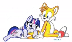 Size: 1975x1145 | Tagged: safe, artist:silversimba01, miles "tails" prower (sonic), twilight sparkle (mlp), canine, equine, fictional species, fox, mammal, pony, red fox, unicorn, anthro, feral, plantigrade anthro, friendship is magic, hasbro, my little pony, sega, sonic the hedgehog (series), crossover, dipstick tail, duo, duo male and female, female, fluff, male, multiple tails, orange tail, tail, tail fluff, traditional art, two tails, white tail