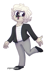 Size: 494x768 | Tagged: safe, artist:pigeorgien, oc, oc only, oc:barbara müllertaube, bird, dove, anthro, beak, boots, bottomwear, cheek fluff, clothes, cute, feathers, female, fluff, glasses, hair, jacket, pants, shirt, shoes, smiling, solo, solo female, t-shirt, topwear