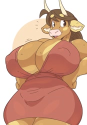 Size: 812x1164 | Tagged: suggestive, artist:slightlysimian, oc, oc:molly (slightlysimian), bovid, cattle, cow, mammal, anthro, absolute cleavage, breasts, cleavage, clothes, curvy, dress, female, horns, hourglass figure, huge breasts, nipple outline, skindentation, solo, solo female, thick thighs, thighs, wide hips