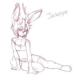 Size: 1200x1200 | Tagged: safe, artist:plague of gripes, oc, oc only, fictional species, jackalope, lagomorph, mammal, anthro, digitigrade anthro, cc by-nc, creative commons, breasts, cleavage, clothes, female, horns, line art, monochrome, monster girl, simple background, sitting, smiling, solo, solo female, white background