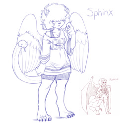 Size: 1200x1200 | Tagged: safe, artist:plague of gripes, oc, oc only, chimera, fictional species, hybrid, mammal, manticore, anthro, digitigrade anthro, cc by-nc, creative commons, clothes, duo, duo female, female, females only, line art, monochrome, monster girl, simple background, smiling, white background, wings