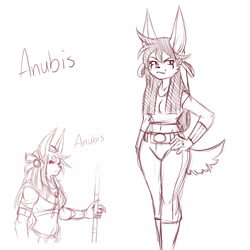 Size: 1200x1200 | Tagged: safe, artist:plague of gripes, anubis, anubian jackal, canine, jackal, mammal, anthro, cc by-nc, creative commons, bottomwear, clothes, duo, duo female, female, females only, hand on hip, line art, monochrome, monster girl, pants, simple background, smiling, staff, tail, white background