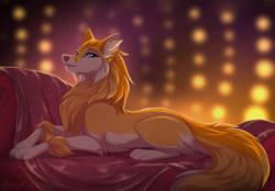 Size: 1280x891 | Tagged: safe, artist:aerofistashka, oc, oc only, canine, fox, mammal, red fox, feral, 2d, abstract background, claws, couch, ear piercing, female, fluff, open mouth, piercing, sheets, smiling, solo, solo female, tail, tail fluff, vixen