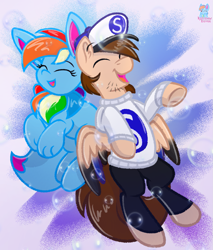 Size: 1177x1380 | Tagged: safe, artist:rainbow eevee, rainbow dash (mlp), oc, oc only, oc:rainbow eevee, oc:seb the pony, eevee, eeveelution, equine, fictional species, hybrid, mammal, pegasus, pokémon pony, pony, friendship is magic, hasbro, my little pony, nintendo, pokémon, bottomwear, bubble, bubbles, clothes, colored wings, colored wingtips, cool background, cute, duo, eyelashes, eyes closed, female, gift art, happy, hooves, male, open mouth, pants, playing, ponified, snapback, spread wings, sweater, topwear, underhoof, wings
