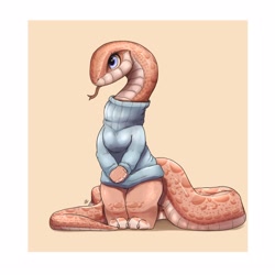 Size: 2500x2500 | Tagged: safe, artist:louart, reptile, snake, anthro, border, clothes, female, forked tongue, high res, long tail, solo, solo female, sweater, tail, tongue, tongue out, topwear, turtleneck, white border