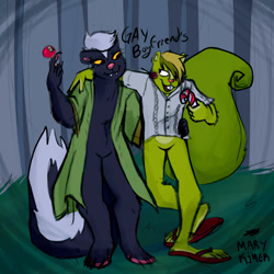 Size: 3000x3000 | Tagged: safe, artist:marykimer, nutty (htf), canon x oc, oc, mammal, rodent, skunk, squirrel, anthro, happy tree friends, big tail, black body, black fur, bottomless, candy, candy cane, clothes, colored sketch, duo, duo male, featureless crotch, food, forest, front view, fur, green body, green fur, green hair, hair, hand hold, hand on shoulder, high res, holding, male, male/male, males only, multicolored hair, nudity, open clothes, partial nudity, pink nose, shipping, sketch, standing, tail, two toned hair, white body, white fur, white hair, yellow hair