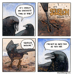 Size: 915x931 | Tagged: safe, artist:falseknees, bird, corvid, songbird, feral, 2021, ambiguous gender, beak, bird feet, black feathers, comic, dialogue, digital art, dirty, duo, english text, feathered wings, feathers, funny, gray body, happy, mud, onomatopoeia, open mouth, signature, speech bubble, spread wings, talking, text, wings