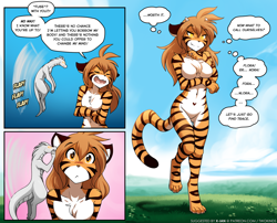Size: 1582x1280 | Tagged: safe, artist:twokinds, flora (twokinds), nora (twokinds), feline, fictional species, keidran, mammal, anthro, digitigrade anthro, feral, twokinds, arm under breasts, black nose, black stripes, blushing, breast expansion, breasts, brown hair, claws, cleavage fluff, cute, cute little fangs, dialogue, duo, duo female, ears, expansion, eyebrows, eyelashes, fangs, featureless breasts, featureless crotch, female, females only, fluff, flying, fur, fusion, grass, hair, horns, long hair, multicolored fur, orange body, orange fur, paws, smiling, speech bubble, striped fur, stripes, tail, talking, teeth, white body, white fur