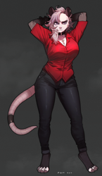 Size: 1629x2803 | Tagged: safe, artist:pgm300, mammal, marsupial, possum, anthro, digitigrade anthro, helltaker, anthrofied, big breasts, blue eyes, bottomwear, breasts, choker, clothes, commission, cross, denim, ear piercing, earring, eyebrow piercing, eyebrows, female, fur, furrified, gray body, gray eyes, gray fur, hair, hairless tail, hands behind head, jewelry, legwear, multicolored fur, necklace, pants, piercing, red clothes, red shirt, shirt, solo, solo female, species swap, standing, tail, toeless legwear, topwear, white body, white fur, white hair, wide hips, zdrada (helltaker)