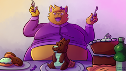 Size: 1471x827 | Tagged: safe, artist:fatbludragon, oc, cat, feline, fictional species, kobold, mammal, reptile, anthro, belly, cake, doughnut, fat, food, maw, obese, overweight, track suit, vore