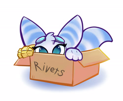 Size: 2533x2094 | Tagged: safe, artist:viwrastupr, rivet (r&c), fictional species, lombax, mammal, feral, ratchet & clank, behaving like a cat, big eyes, blue body, blue fur, box, cute, eyelashes, fur, goggles, goggles on head, green eyes, hiding, high res, in a box, looking at you, multicolored fur, simple background, teal eyes, text, two toned body, two toned fur, white background