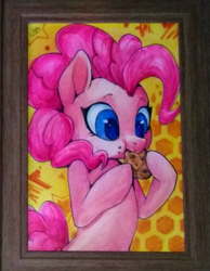 Size: 515x664 | Tagged: safe, artist:megabait, pinkie pie (mlp), equine, mammal, pony, feral, friendship is magic, hasbro, my little pony, cookie, female, food, irl, photo, photographed artwork, solo, solo female, traditional art