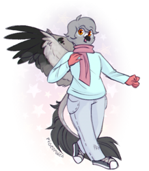 Size: 443x507 | Tagged: safe, artist:pigeorgien, oc, oc only, oc:geraldina, bird, dove, feline, fictional species, gryphon, mammal, pigeon, anthro, abstract background, beak, cheek fluff, claws, clothes, feathered wings, feathers, female, fluff, fur, jeans, looking at you, low res, neck fluff, orange eyes, pants, scarf, smiling, smiling at you, sneakers, solo, solo female, sweater, tail, talons, topwear, wings