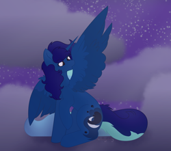 Size: 4248x3752 | Tagged: safe, artist:calibykitty, oc, oc only, oc:midnight, alicorn, equine, fictional species, mammal, pony, friendship is magic, hasbro, my little pony, abstract background, brown eyes, cloud, colored pupils, feathers, female, gradient background, grooming, hair, high res, hooves, horn, mane, night, night sky, outdoors, preening, scenery, simple background, sitting, sitting on cloud, sky, solo, solo female, stars, wings