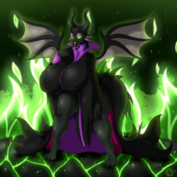 Size: 1480x1480 | Tagged: suggestive, artist:suirano, maleficent (sleeping beauty), dragon, fictional species, anthro, digitigrade anthro, series:what's a childhood?, disney, sleeping beauty (disney), 2021, black body, breasts, claws, clothes, colored sclera, digital art, dragon wings, dragoness, eyelashes, female, fire, furrified, green sclera, horns, huge breasts, looking at you, multicolored body, nipple outline, paws, purple body, purple scales, scales, smiling, smiling at you, solo, solo female, spread wings, tail, thick thighs, thighs, webbed wings, wide hips, wings