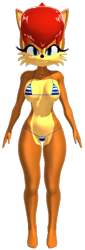 Size: 242x711 | Tagged: suggestive, artist:tetramundo, princess sally acorn (sonic), chipmunk, mammal, rodent, anthro, plantigrade anthro, archie sonic the hedgehog, sega, sonic the hedgehog (series), 2021, 3d, belly button, bikini, black nose, blue bikini, blue swimsuit, breasts, clothes, ears, eyelashes, female, fur, hair, looking at you, low res, micro bikini, simple background, solo, solo female, source filmmaker, swimsuit, tail, thighs, transparent background, wide hips