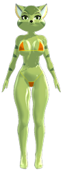 Size: 264x720 | Tagged: suggestive, artist:tetramundo, carol tea (freedom planet), cat, feline, mammal, anthro, plantigrade anthro, freedom planet, 2021, 3d, belly button, bikini, black nose, breasts, clothes, ears, eyelashes, female, fur, hair, looking at you, low res, micro bikini, orange bikini, orange swimsuit, simple background, solo, solo female, source filmmaker, swimsuit, tail, thighs, transparent background, wide hips