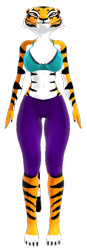 Size: 244x702 | Tagged: safe, artist:tetramundo, master tigress (kung fu panda), big cat, feline, mammal, tiger, anthro, plantigrade anthro, dreamworks animation, kung fu panda, 2021, 3d, belly button, bottomwear, breasts, clothes, ears, erect nipples, eyelashes, female, fur, looking at you, low res, nipple outline, pants, shirt, simple background, solo, solo female, source filmmaker, sports bra, striped body, striped fur, tail, thighs, topwear, transparent background, wide hips