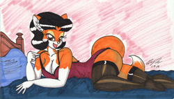 Size: 1280x733 | Tagged: suggestive, artist:newyorkx5, oc, oc only, oc:crystal, canine, fox, mammal, anthro, 2019, bed, bedroom eyes, breasts, butt, clothes, ears, eyelashes, female, fur, hair, legwear, lingerie, looking at you, lying down, lying on bed, on bed, open mouth, pillow, seductive, simple background, solo, solo female, stockings, tail, thighs, traditional art, underwear, vixen, wide hips