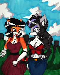 Size: 1280x1584 | Tagged: safe, artist:newyorkx5, oc, oc only, oc:crystal, oc:foxy caine, canine, fox, mammal, anthro, 2019, bedroom eyes, bottomwear, breasts, clothes, dress, duo, duo female, ears, eyelashes, female, females only, fur, hair, hand on hip, handbag, jacket, looking at each other, looking at you, open mouth, pants, seductive, shirt, simple background, solo, solo female, tail, thighs, topwear, traditional art, vixen, wide hips