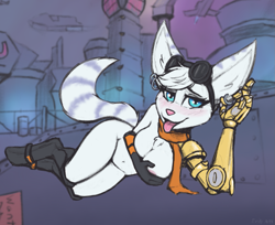 Size: 1069x873 | Tagged: suggestive, artist:evily arts, rivet (r&c), fictional species, lombax, mammal, anthro, ratchet & clank, 2021, areola, belly button, blue eyes, blushing, boots, breasts, chest fluff, city, cityscape, clothes, covering, covering breasts, detailed background, ear fluff, ear piercing, earring, eyebrows, eyelashes, female, fluff, fur, gloves, goggles, goggles on head, looking at you, lying down, nudity, on side, outdoors, piercing, pink nose, pinup, prosthetic arm, prosthetics, ringtail, scarf, shoes, solo, solo female, tail, tongue, tongue out