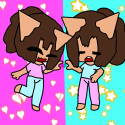 Size: 768x768 | Tagged: species needed, safe, artist:the-banana-splits-au, oc, oc only, anthro, birthday, chibi, cute, duo, duo female, eyes closed, female, females only, heart, ocbetes, open mouth, pastel, siblings, sister, sisters, stars, twins