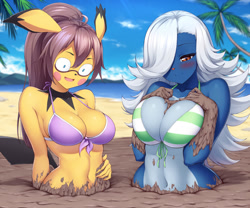 Size: 1280x1067 | Tagged: suggestive, artist:ivenglynn, oc, oc only, fictional species, mammal, pichu, samurott, anthro, nintendo, pokémon, arm boob squeeze, beach, belly button, bikini, bikini top, blue body, blue eyes, blush sticker, blushing, breast squish, breasts, brown hair, clothes, commission, covered in mud, detailed background, duo, duo female, eyebrows, eyelashes, female, females only, glasses, hair, hair over one eye, long hair, mud, nudity, open mouth, open smile, orange eyes, outdoors, pale belly, partial nudity, partially submerged, ponytail, quicksand, sinking, smiling, starter pokémon, stuck, swimsuit, tail, white hair, yellow body
