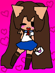 Size: 265x350 | Tagged: safe, artist:the-banana-splits-au, oc, oc only, beagle, canine, dog, mammal, anthro, blushing, chibi, female, gradient background, heart, low res, message card, open mouth, pink, solo, solo female