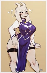 Size: 1236x1929 | Tagged: safe, alternate version, artist:avante92, asriel dreemurr (undertale), bovid, goat, mammal, anthro, undertale, 2019, asriel dreemurr (god form), big breasts, black sclera, blushing, body markings, border, bottomwear, breasts, claws, clothes, colored sclera, dress, ears, eyebrows, eyelashes, facial markings, female, fur, heart, horns, jewelry, looking at you, love heart, necklace, pendant, rule 63, short tail, side slit, smiling, smiling at you, solo, solo female, tail, thick thighs, thighs, tongue, total sideslit, white body, white border, white eyes, white fur
