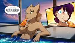 Size: 2240x1280 | Tagged: suggestive, artist:twokinds, maren taverndatter (twokinds), sythe (twokinds), fictional species, human, keidran, mammal, anthro, twokinds, breasts, female, food, male, pizza, rule 63