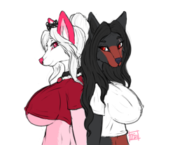Size: 979x816 | Tagged: suggestive, artist:iscafox, canine, fox, mammal, anthro, big breasts, black body, black fur, black hair, breasts, clothes, collar, duo, duo female, ears, female, females only, fur, hair, pink eyes, signature, vixen, white body, white fur