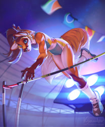 Size: 1066x1280 | Tagged: safe, artist:kyander, oc, oc only, oc:loxxie arbuckle, canine, fox, mammal, anthro, 2020, blue eyes, body markings, brown hair, clothes, digital art, female, flags, footwear, hair, long socks, night, pole, shoes, sneakers, solo, solo female, sports, tight clothing, vixen
