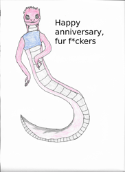 Size: 2550x3508 | Tagged: safe, artist:meanlucario, fictional species, reptile, snake, anthro, naga, 2021 furbooru anniversary, anniversary, clothes, female, high res, simple background, snake tail, solo, solo female, tail, text, topwear, traditional art, white background