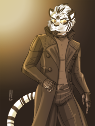 Size: 960x1280 | Tagged: safe, artist:heresyart, oc, oc only, oc:harry campbell (heresyart), big cat, feline, mammal, tiger, anthro, belt, clothes, cyborg, deus ex, fur, glasses, gradient background, male, solo, solo male, striped fur, sunglasses, trench coat, white tiger