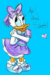 Size: 397x596 | Tagged: safe, artist:magical-mama, daisy duck (disney), bird, duck, waterfowl, anthro, disney, mickey and friends, 2006, 2d, beak, blue background, bow, clothes, dialogue, dress, eyelashes, feathers, female, hair bow, low res, open beak, open mouth, puffy sleeves, shoes, simple background, solo, solo female, talking, white feathers