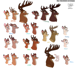 Size: 5466x4998 | Tagged: safe, artist:namygaga, bambi (bambi), faline (bambi), geno (bambi), gurri (bambi), ronno (bambi), the great prince of the forest (bambi), oc, cervid, deer, mammal, bambi (film), cc by-nc-nd, creative commons, disney, 2d, absurd resolution, antlers, brown body, brown fur, bust, fawn, female, fur, group, large group, male, simple background, ungulate, white background, young