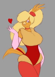Size: 500x696 | Tagged: safe, artist:starfighter, goldie pheasant (rock-a-doodle), bird, galliform, pheasant, anthro, rock-a-doodle, sullivan bluth studios, breasts, feathers, female, gray background, looking at you, simple background, solo, solo female, tail, tail feathers