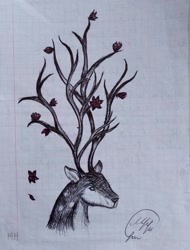 Size: 779x1024 | Tagged: safe, artist:maryhoovesfield, oc, oc only, cervid, deer, mammal, feral, ambiguous gender, antlers, bust, flower, signature, solo, solo ambiguous, traditional art