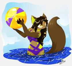 Size: 1371x1244 | Tagged: safe, artist:luluamore, oc, oc only, oc:andromeda, cat, feline, mammal, anthro, ball, beach, beach ball, bikini, clothes, commission, digital art, female, lineless, signature, solo, solo female, summer, swimsuit, tail, water
