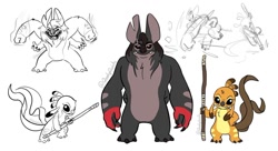 Size: 1080x589 | Tagged: safe, artist:qookyquiche, alien, experiment (lilo & stitch), fictional species, anthro, disney, lilo & stitch, star wars, 2020, 3 toes, 4 fingers, angry, arm marking, black eyes, body markings, brown claws, chest fluff, claws, crossover, digital art, dipstick ears, duo, ears, eyelashes, female, fighting, fluff, four arms, fur, gray body, gray fur, gray nose, hands behind back, head fluff, kylo ren (star wars), leg marking, looking at you, male, multiple tails, open mouth, rey (star wars), scar, simple background, species swap, staff, tail, torn ear, two tails, white background