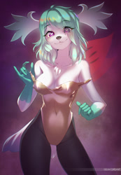 Size: 886x1280 | Tagged: species needed, suggestive, artist:neon-chan, oc, oc only, anthro, 2021, adorasexy, black nose, body markings, clothes, commission, cute, digital art, female, fur, green body, green fur, green hair, hair, looking at you, ocbetes, purple eyes, sexy, solo, solo female, white body, white fur, ych result
