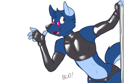 Size: 1280x853 | Tagged: safe, artist:bluecoffeedog, canine, dog, mammal, anthro, blue body, blue fur, bra, clothes, crossdressing, fingerless gloves, fur, glasses, gloves, latex, latex gloves, latex suit, looking at you, male, multicolored fur, panties, pole dancing, round glasses, simple background, smiling, solo, solo male, sunglasses, two toned body, two toned fur, underwear, waving, white background, yellow eyes