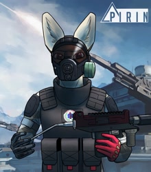 Size: 1125x1280 | Tagged: safe, artist:pirin-apex, oc, oc only, canine, mammal, wolf, anthro, 2018, body armor, clothes, digital art, ears, female, fur, gloves, hair, looking at you, machinegun, mask, shirt, solo, solo female, topwear, weapon