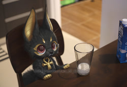 Size: 776x533 | Tagged: safe, artist:silverfox5213, anubis, canine, mammal, semi-anthro, 2021, big head, black body, black fur, black nose, chair, cheek fluff, chibi, draw over, fluff, front view, fur, glass, gold body, indoors, irl, male, milk, obtrusive watermark, paws, photo, red eyes, sitting, solo, solo male, table, tail, tail fluff, three-quarter view, watermark, wet, whiskers