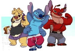 Size: 785x536 | Tagged: safe, artist:eclipsewolf, leroy (lilo & stitch), reuben (lilo & stitch), stitch (lilo & stitch), alien, experiment (lilo & stitch), fictional species, disney, lilo & stitch, 2021, 4 toes, antennae, biceps, black eyes, blue body, blue claws, blue fur, blue nose, bottomwear, brown claws, chest fluff, claws, clothes, colored tongue, crossed arms, ears, fat, fluff, food, four arms, fur, head fluff, headphones, looking at you, male, males only, multicolored antennae, muscles, muscular male, one eye closed, open mouth, open smile, overweight, overweight male, pants, partial nudity, purple tongue, red body, red fur, red nose, sandwich, short stack, simple background, smiling, standing, tank top, tongue, topless, topwear, torn ear, towel, trio, trio male, watermark, winking, yellow body, yellow fur